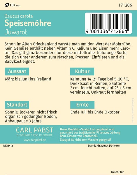 Rückseite der Samentüte für Speisemöhre Juwarot mit Hinweisen zu Aussaat, Kultur, Standort und Ernte sowie Carl Pabst Logo.