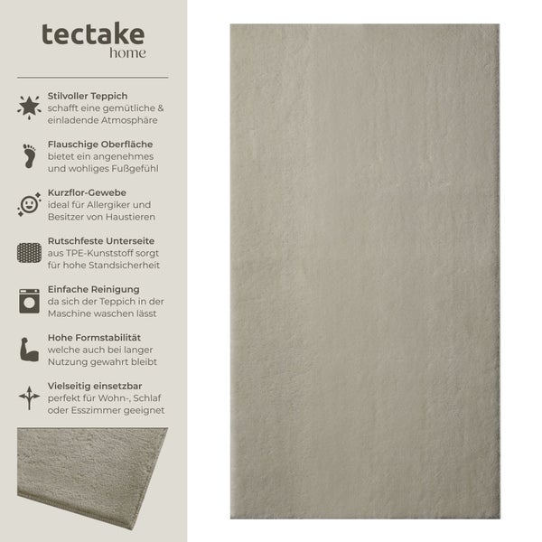 tectake home Logo und Kurzflor-Teppich mit flauschiger Oberfläche, rutschfester Unterseite, waschmaschinenfest und formstabil.