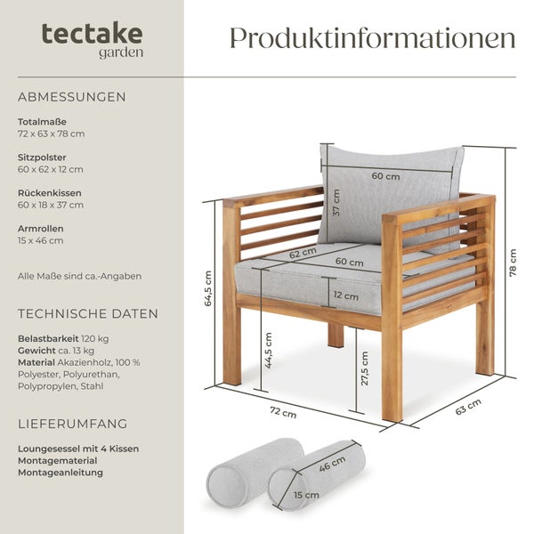 tectake garden Logo. Loungesessel aus Akazienholz mit Polsterkissen, Abmessungen circa 72 mal 63 mal 78 Zentimeter und technische Daten.