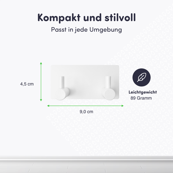 Doppelwandhaken mit den Maßen 9,0 Zentimeter Breite und 4,5 Zentimeter Höhe, Gewicht 89 Gramm, geringes Gewicht.