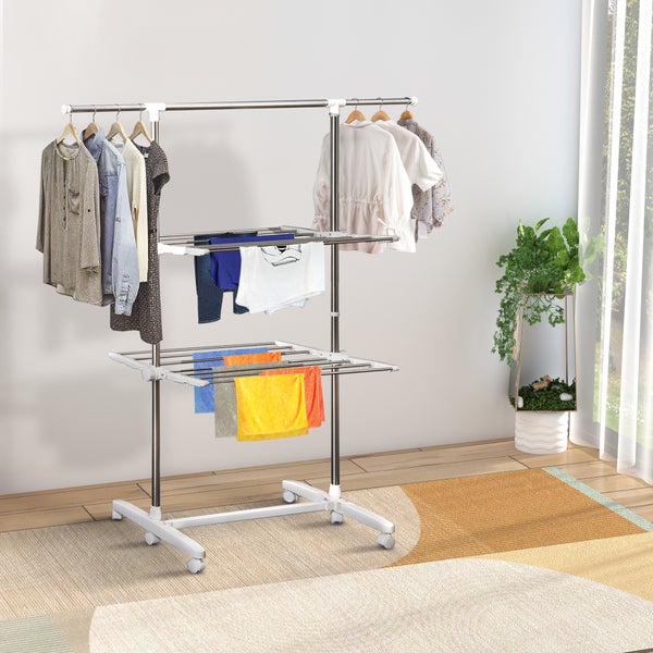 HOMCOM Turmwäscheständer ausziehbar Standtrockner mit 3 Ebenen, klappbare Flügel, Rollen, Wäschetrockner für Innen und Außen, Weiß, 83-136,5 x 45,5 x 154 cm