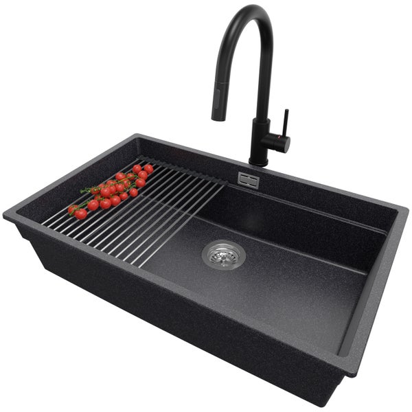 PRIMAGRAN Granitspüle Anthrazit 76x47cm, Spülbecken 1 Becken + Küchenarmatur 40x20cm + Ablauf-Set + Aufrollbare Abtropffläche, Küchenspüle ab 80er Unterschrank - Praga Slim
