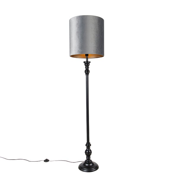 QAZQA - Klassisch I Antik Classic Stehlampe schwarz mit Schirm grau 40 cm - Classico I Wohnzimmer I Schlafzimmer - Textil Länglich - LED geeignet E27