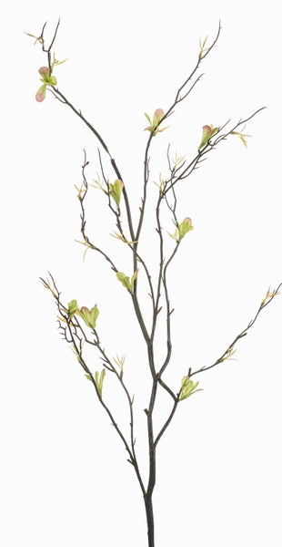 Künstlicher Dekozweig mit feinen grünen Blättern und dunkler Rinde.