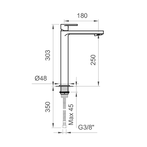 Technische Zeichnung einer Armatur mit Maßangaben