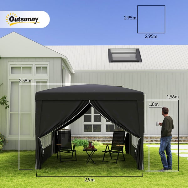Outsunny Pavillon ca.3x3m, wasserabweisend Stabil Winterfest Pop-up Faltpavillon, UV Schutz 50+, Faltbar Partyzelt Gartenzelt mit 4 Seitenteilen Tasche Gartenpavillon für Camping Garten, Schwarz