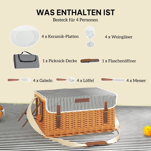 Outsunny Picknickkorb aus Weidenholz Picknickkoffer für 4 Personen mit Picknickdecke Besteck Set, Flascheöffner Picknicktisch Picknick Set Komplettset für Camping Strand Weihnachten Hellbraun