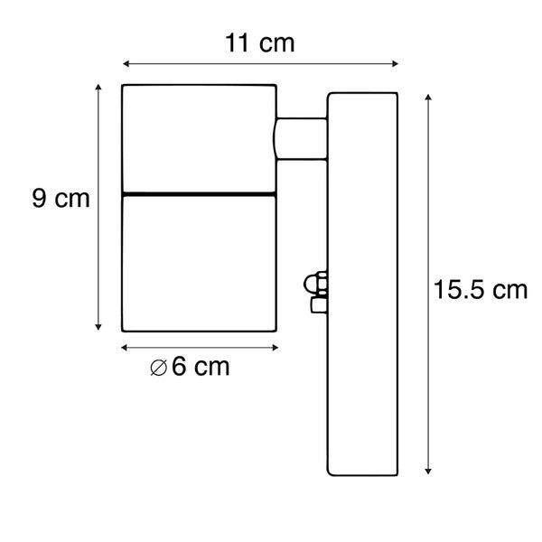Maßzeichnung einer Wandleuchte: Höhe 15,5 Zentimeter, Breite 11 Zentimeter, Lampenkopf Durchmesser 6 Zentimeter, Höhe 9 Zentimeter.