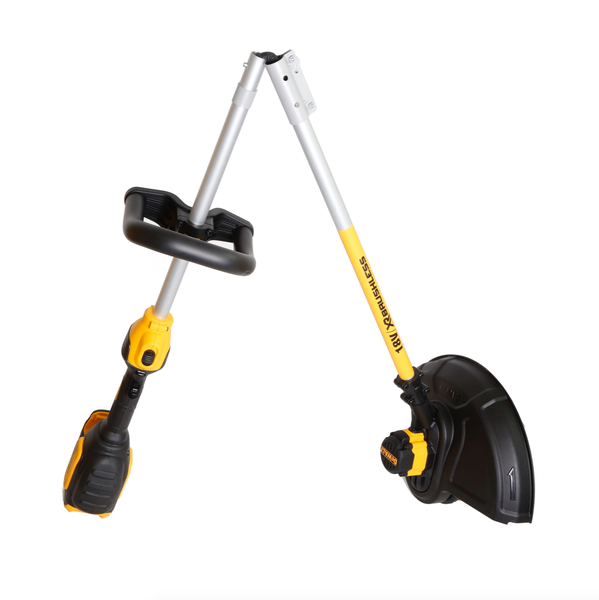 Klappbarer DeWalt Akku-Rasentrimmer 18 Volt XR Brushless mit verstellbarem Zusatzhandgriff und Schutzhaube.