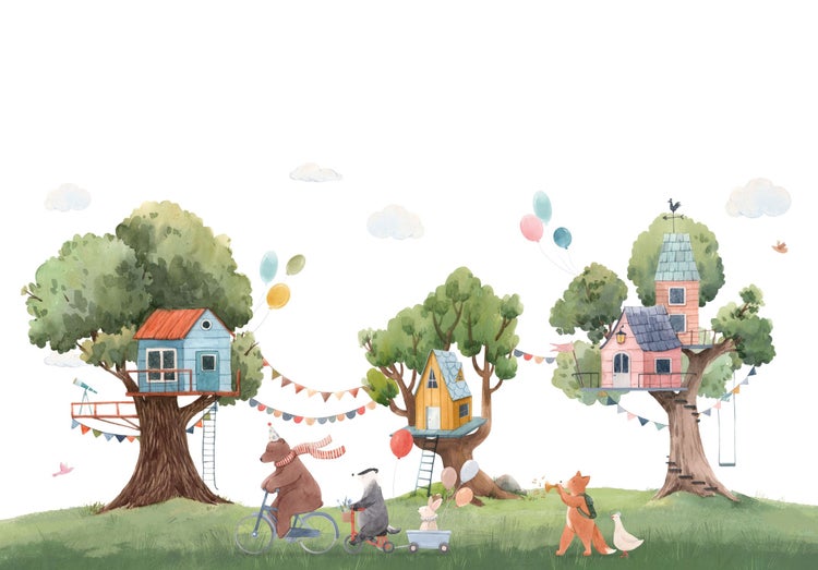 Illustration mit Baumhäusern, Tieren und Ballons für Kinderzimmerdekoration