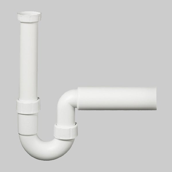 Weißer Röhrensiphon aus Kunststoff für Waschbecken.