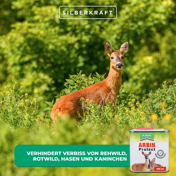 Arbin Protect Wildverbiss-Schutz gegen Rehe, Hasen und Kaninchen, Duftbarriere zur Wildabwehr im Garten, schützt Bäume, Sträucher, Beete, Zierpflanzen und Obstpflanzen zuverlässig