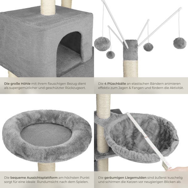 Detailansicht eines Katzenkratzbaums mit Höhle, Plüschbällen, Aussichtsplattform und Liegemulde.