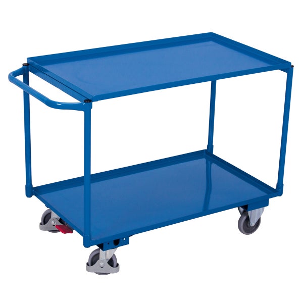 Blauer Transportwagen mit zwei Ablageflächen und Griff