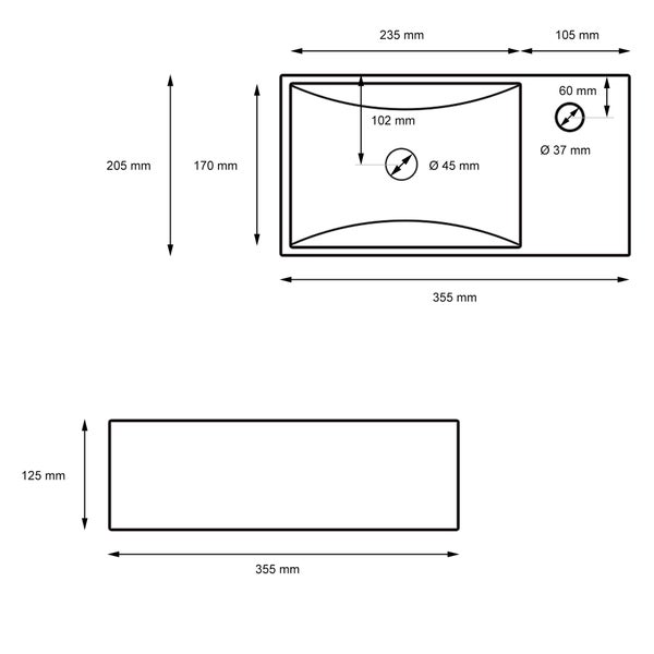 ML-Design Waschbecken Keramik Schwarz matt 35,5x20,5x12,5 cm klein inkl. Ablaufgarnitur, Moderne Aufsatzwaschbecken ohne Überlauf, Hahnloch rechts, Waschtisch Waschschale Waschplatz, für Badezimmer