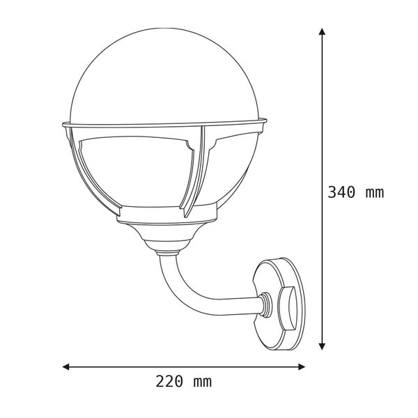 Maßzeichnung einer Außenwandleuchte in Kugelform, Höhe 340 Millimeter, Breite 220 Millimeter.