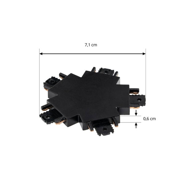 Kreuzverbinder für Schienensystem in Schwarz, Breite 7,1 Zentimeter, Höhe 0,6 Zentimeter.