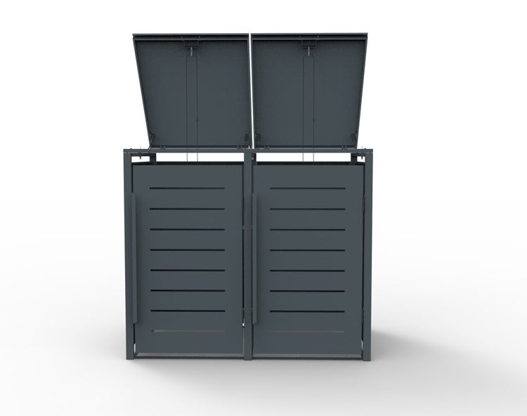 Doppel-Mülltonnenbox mit zwei geöffneten Deckeln