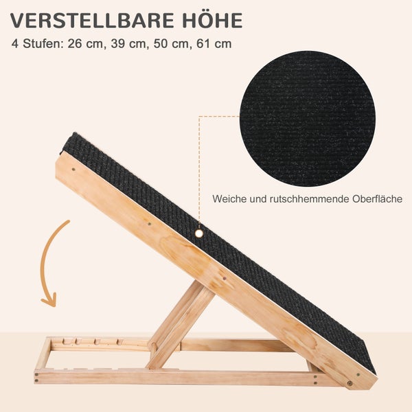 PawHut Haustierrampe mit rutschfestem Teppich verstellbarer Haustierleiter Hunderampe für großen Hund Kiefernholz Polyester Schwarz+Naturholz 90B x 40T x 61H cm