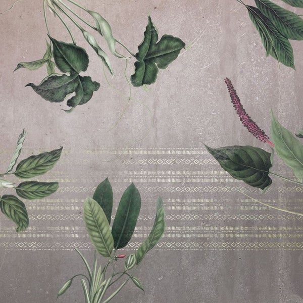 Dekorative Tapete mit Pflanzenmotiven und geometrischen Mustern.