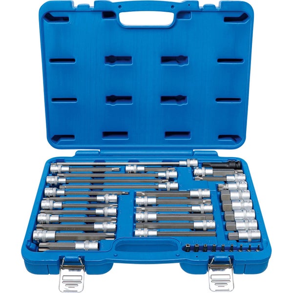 Steckschlüsselsatz mit verschiedenen Bits in blauem Kunststoffkoffer