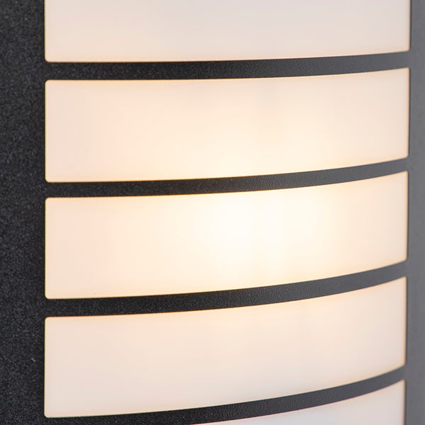 Detailansicht einer Außenwandleuchte mit horizontalen Lichtschlitzen und weißen Kunststoffdiffusoren.