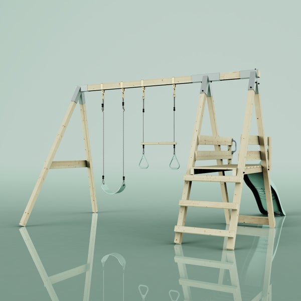 Kinderspielgerät aus Holz mit Wellenrutsche, Podest, Schaukel und Trapezstange mit Turnringen.