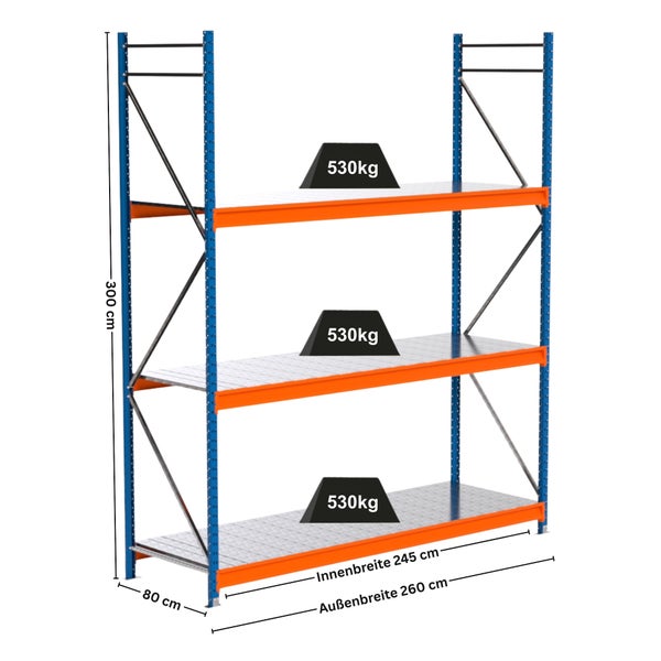 Abbildung eines Lagerregals mit drei Ebenen, einer Höhe von 300 cm und einer maximalen Traglast von 530 kg pro Ebene.
