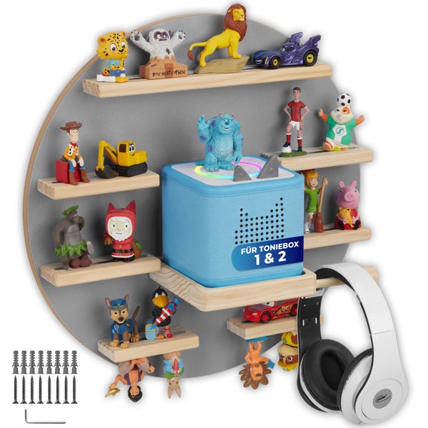 Tectake Wandregal in Mondform für Toniebox und Figuren mit Kopfhörerhalterung, montiert im Kinderzimmer mit dekorativen Elementen.