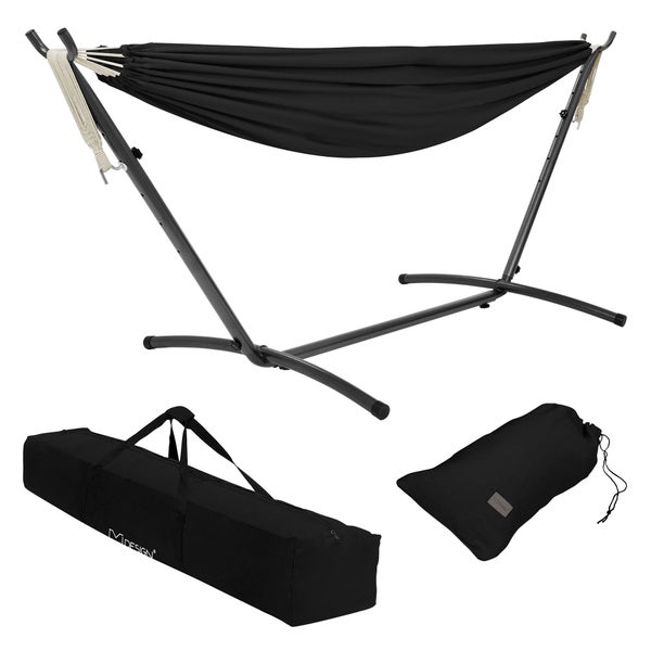 Schwarze Hängematte mit Gestell und Tragetaschen