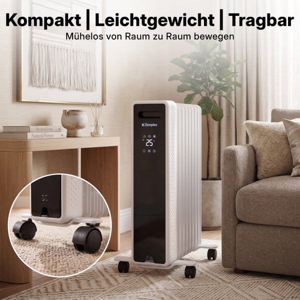 Mobiler Dimplex Ölradiator mit digitalem Display und Rollen im Wohnzimmer