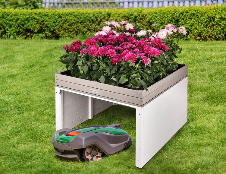 WONDERMAKE® Große Design Mährobotergarage XXL Universal mit Wasserablauf, Holz Haus Pflanzkasten, Mähroboter Unterstand Carport Rasenroboter Garage Flachdach, 78,5 x 96 x 57 cm, anthrazit grau weiß
