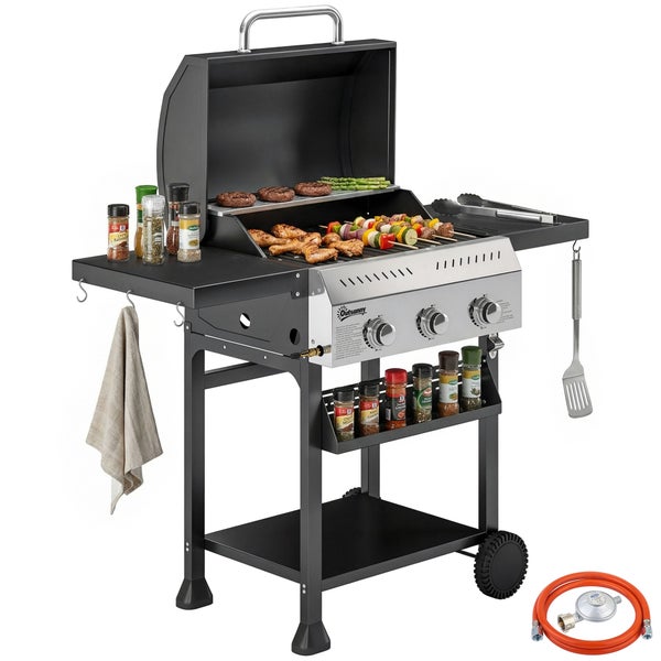 Outsunny 3-Brenner Gasgrill mit Seitenablagen, Gewürzregal, Rädern sowie Gasschlauch und Druckregler. Geöffneter Grill mit Grillgut.