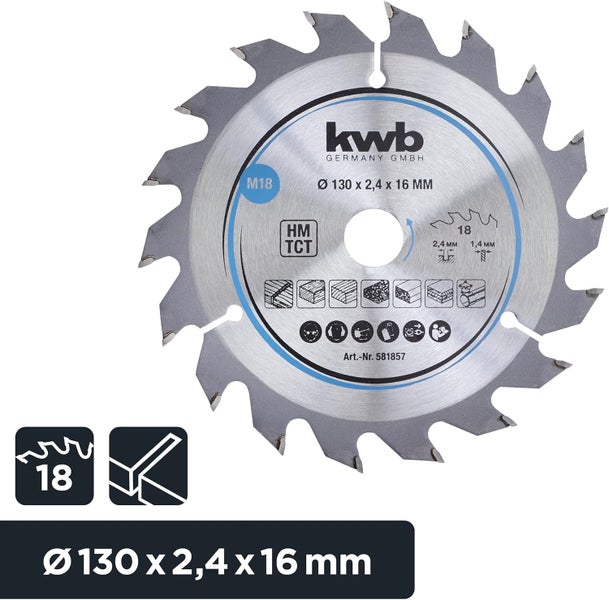 kwb Kreissägeblatt 130 x 16 mm, schneller Schnitt, Sägeblatt geeignet für Weich- und Hartholz, Tischlerplatten und Spanplatten