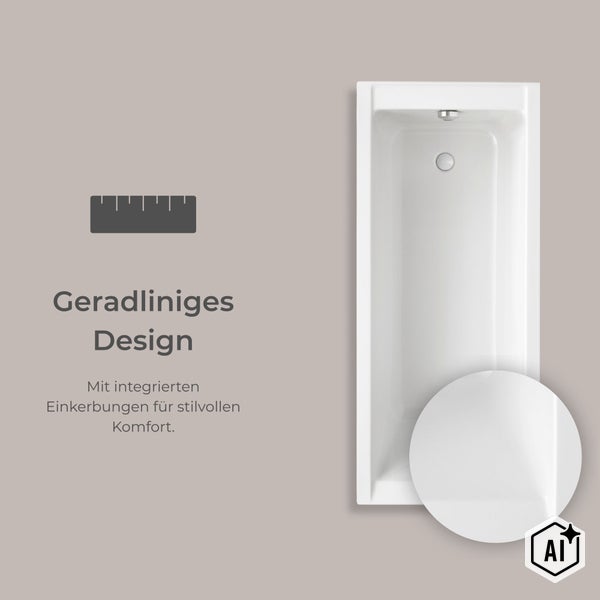 Rechteckige Einbau Badewanne mit geradlinigem Design und integrierten Einkerbungen im Wannenrand für modernen Badezimmerkomfort.