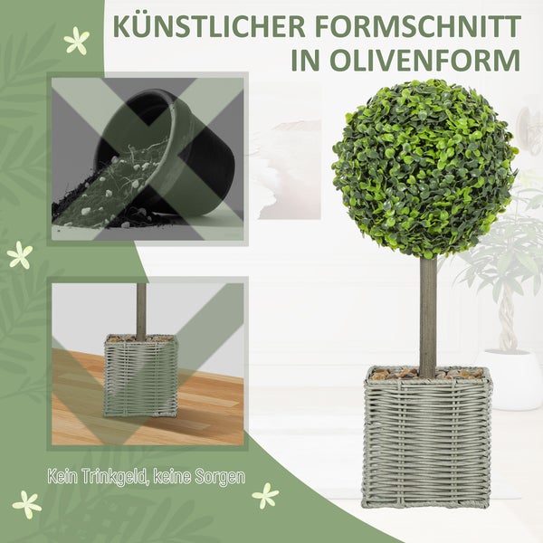 HOMCOM 2er Set Künstliche Buchsbaumkugel 50cm Kunstpflanze mit Zierkieseln, Plastik Künstliche Pflanzen im Topf, Kunstbaum Fake Plant wie echt für Wohnzimmer Büro Garten Dekoration