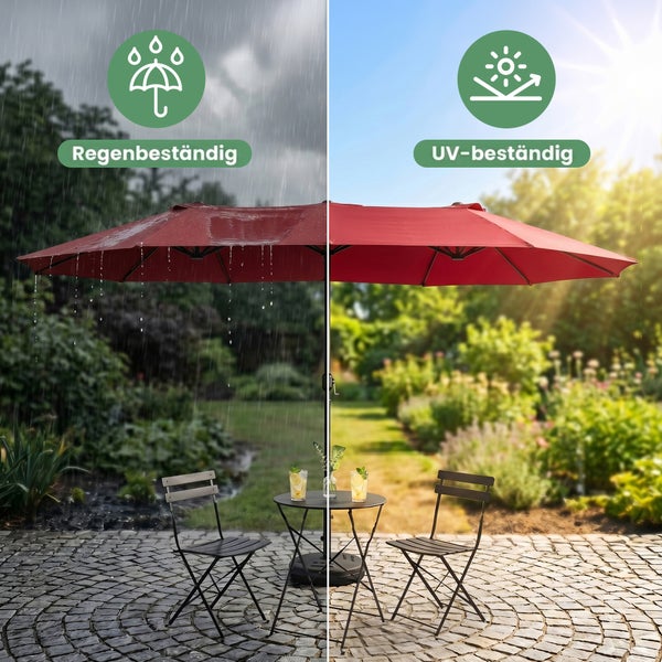 Rechteckiger Sonnenschirm über Gartentisch und Stühlen, Symbole für regenbeständig und UV-beständig bei Regen und Sonnenschein.