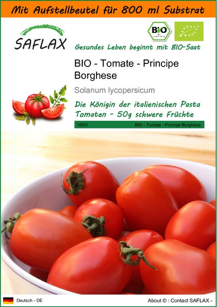 SAFLAX Garden in the bag - BIO - Tomate - Principe Borghese - Solanum lycopersicum - 10 Samen - Mit Anzuchtsubstrat im praktischen, selbst aufstellenden Beutel