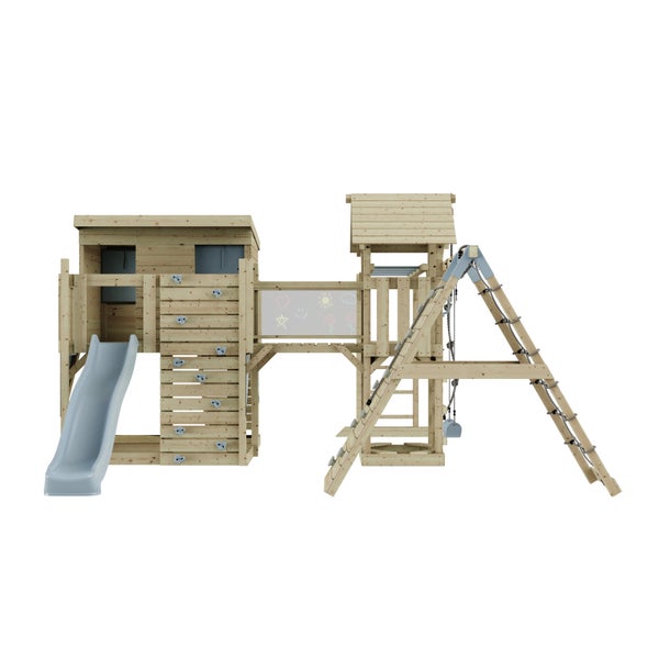 Spielturm mit Rutsche, Kletterwand, Schaukel und Maltafel für den Garten