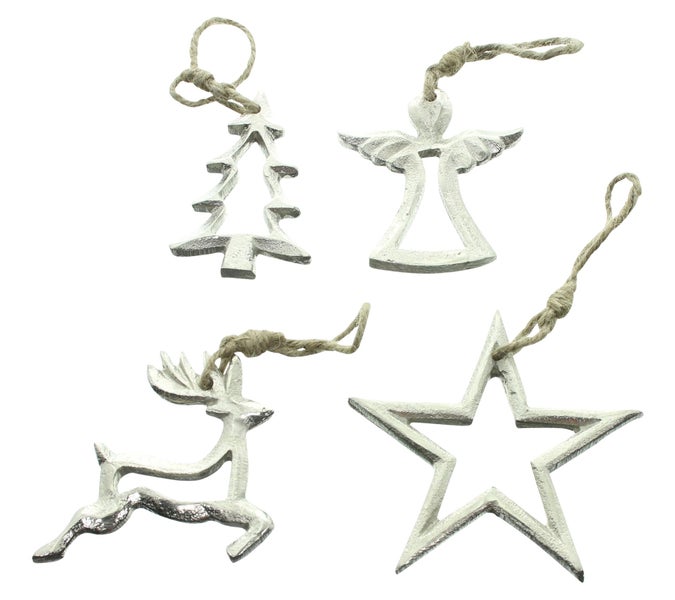 FRANK FLECHTWAREN | Hänger Silberweihnacht, 4er Set, H: 8-12 cm, METALL, JUTE