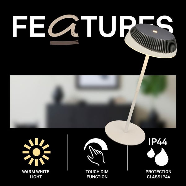 Moderne Stehleuchte mit warmweißem Licht, Touch-Dimmfunktion und Schutzart IP44.
