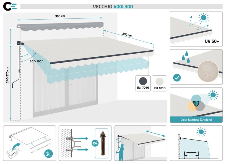 Beige einteilige Markise VECCHIO 4m x 3m - Premium-Canvas 320 g/m²