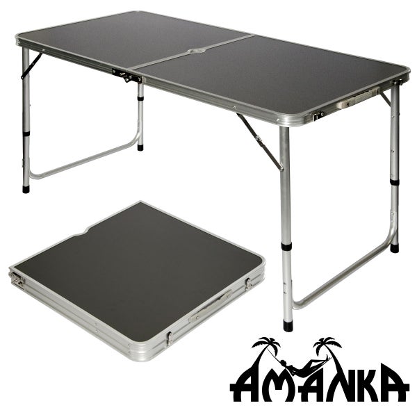 AMANKA klappbarer höhenverstellbarer Campingtisch 120x60x70cm inkl. 4 Falthocker Campingtischset Kofferformat Dunkelgrau