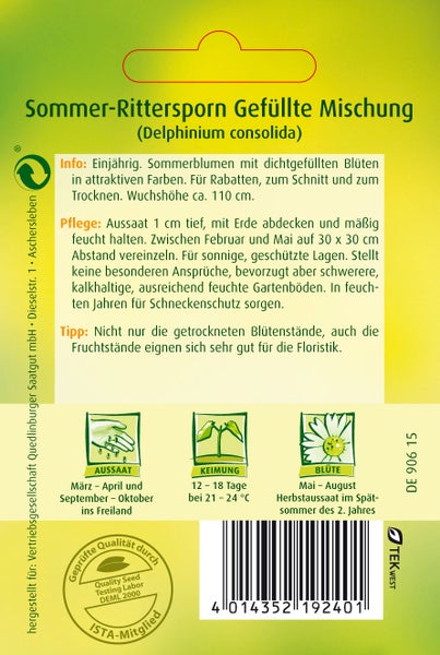 Rückseite der Samenpackung Sommer-Rittersporn (Delphinium consolida) mit Informationen zu Aussaat, Keimung und Blüte. Höhe circa 110 Zentimeter.