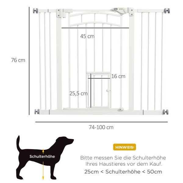 PawHut Hunde Treppenschutzgitter, Hundeabsperrgitter mit automatisch schließender Tür, 74-100 cm, Türschutzgitter mit Katzenklappe, ohne Bohren, Absperrgitter für Hunde, Weiß