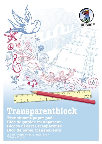 URSUS Zeichen und Künstlerbedarf Transparentblock Format DIN A4, 25 Blatt weißes Transparentpapier 65 g/m²