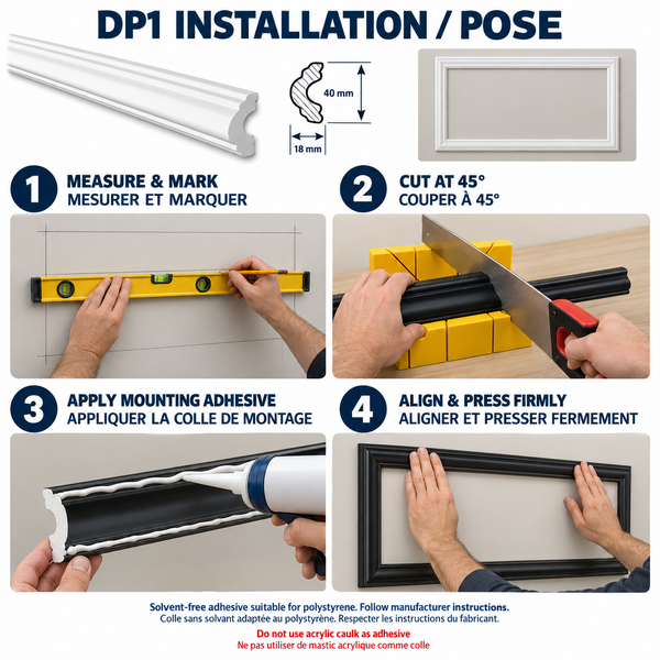 Installationsanleitung für Zierleiste DP1 mit Maßskizze und vier Schritten zum Anbringen an der Wand inklusive Sägen und Verkleben.
