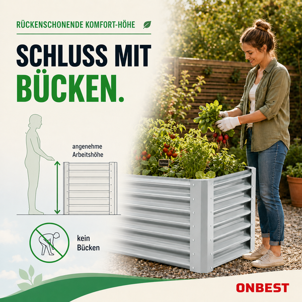 Frau erntet Gemüse in einem Hochbeet aus Metall im Garten. Ergonomische Arbeitshöhe für Gärtnern ohne Bücken. Symbol für kein Bücken. ONBEST Logo.