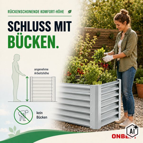 Frau erntet Gemüse in einem Hochbeet aus Metall im Garten. Ergonomische Arbeitshöhe für Gärtnern ohne Bücken. Symbol für kein Bücken. ONBEST Logo.