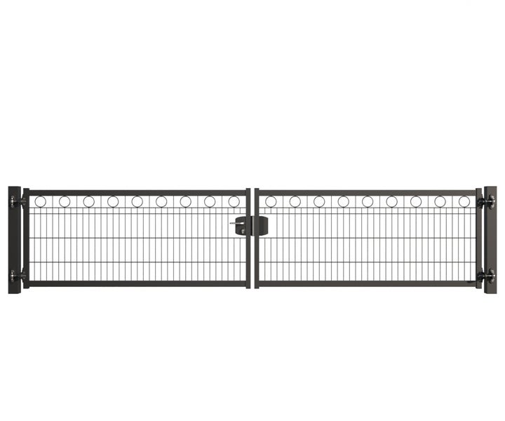 Doppelflügeltor aus Metall mit geradlinigem Design und kreisförmigen Verzierungen
